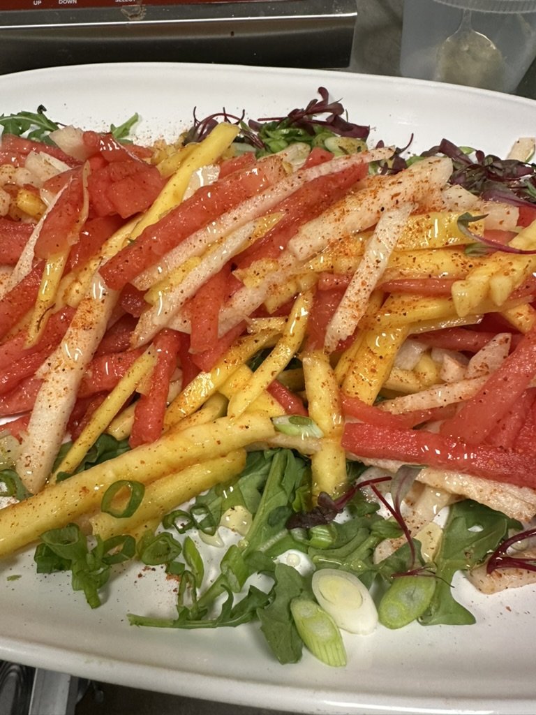 Watermelon, jicama and mango salad with chili, lime and scallion